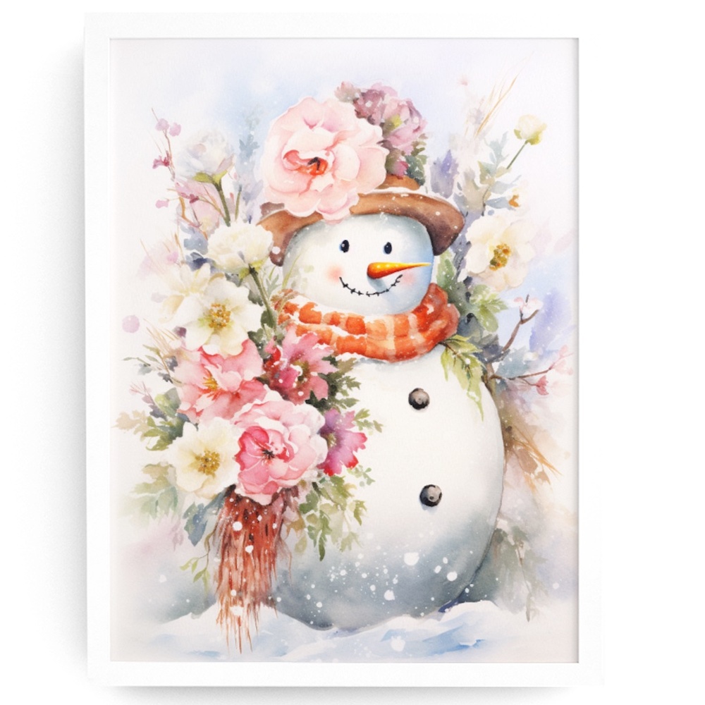 Watercolor Snowman Christmas Theme Wall Art Illustration Print Unframed